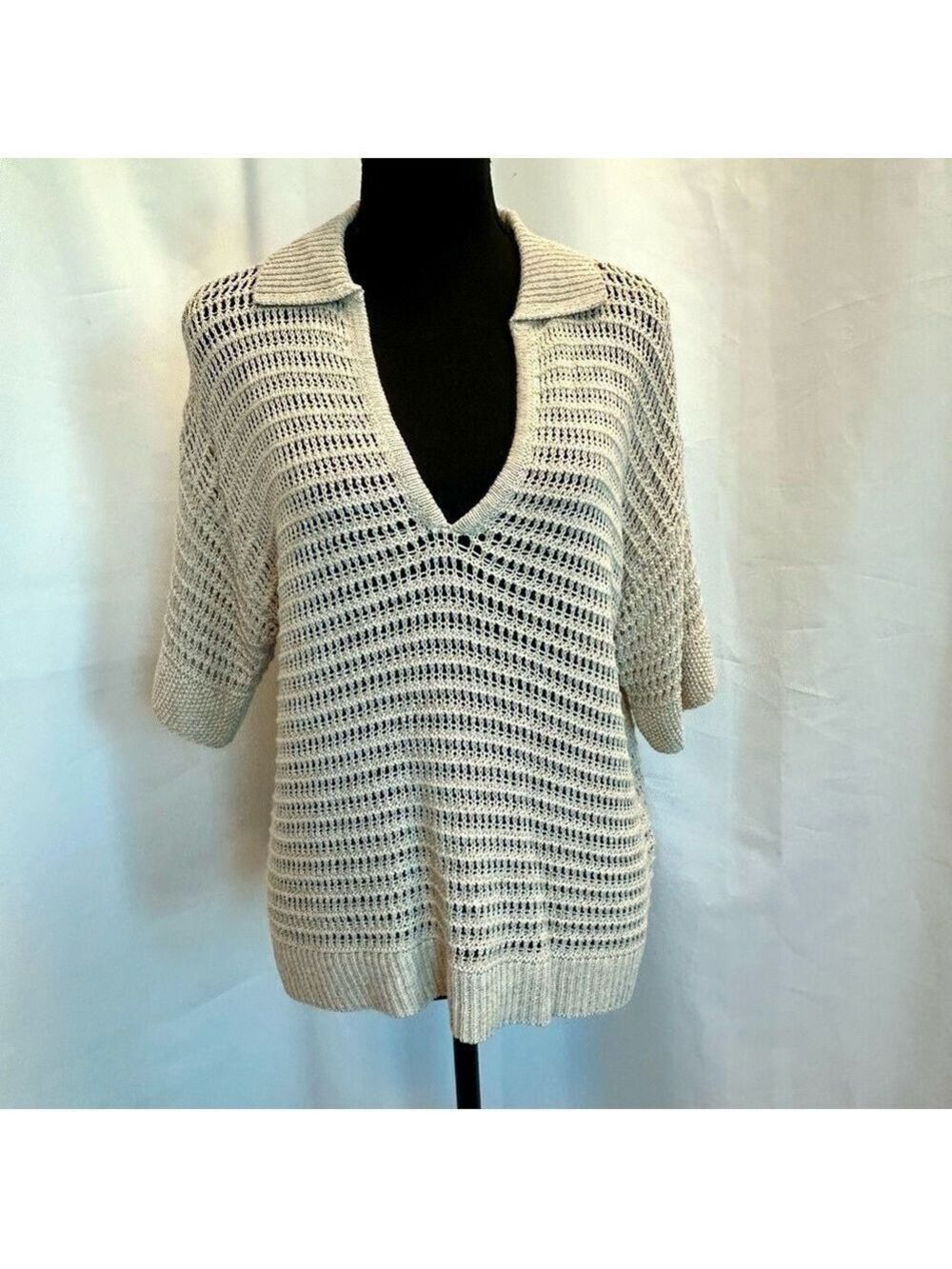 MAX STUDIO V-neck Knit Sheer Polo Sweater In Oyster-oyster Sz S NWT